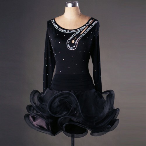 Black red fuchsia patchwork turquoise rhinestones competition long sleeves performance latin salsa ballroom dance dresses